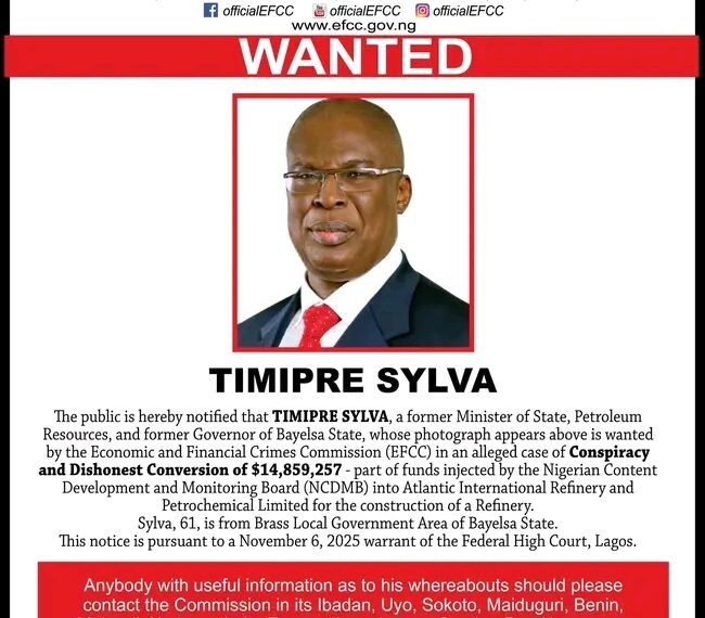 EFCC Declares Timipre Sylva Wanted